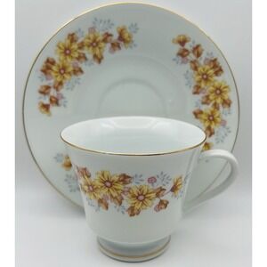 Vintage China Teacup Saucer Yellow Floral Gold Trim Porcelain Cottagecore Daisy
